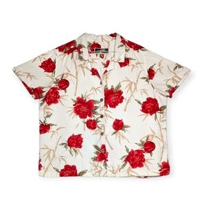 Vintage La Cabaña Floral Hawaiian Shirt Red Peony Floral Bamboo Boho Cottagecore